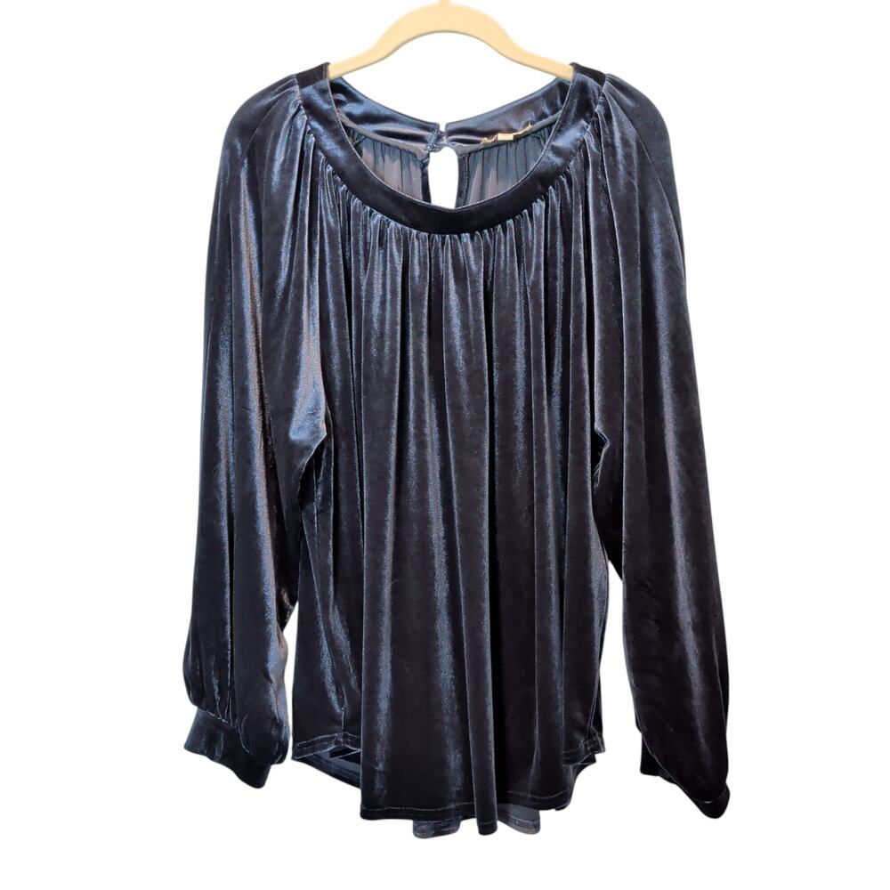 Umgee Women's Sz L Blue Velvet Top Bishop Sleeve Boat Neck